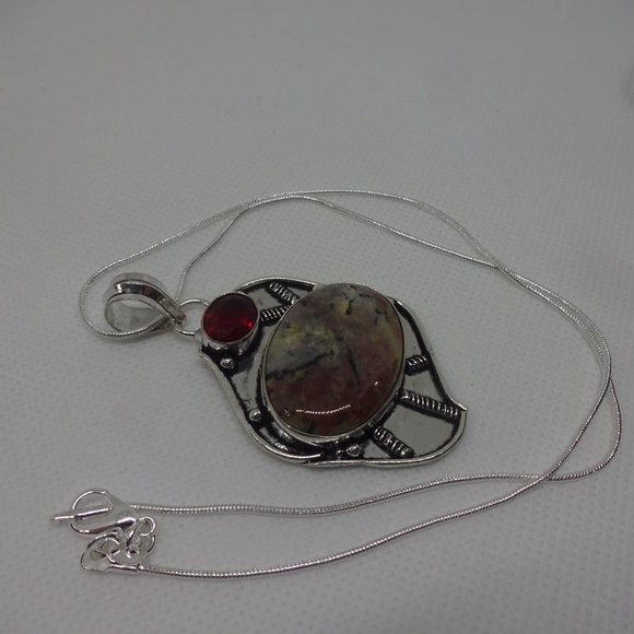 Beautiful "BRECCIATED JASPER & RUBY" Handmade Sterling Pendant/18" Chain #445 - Picture 3 of 3